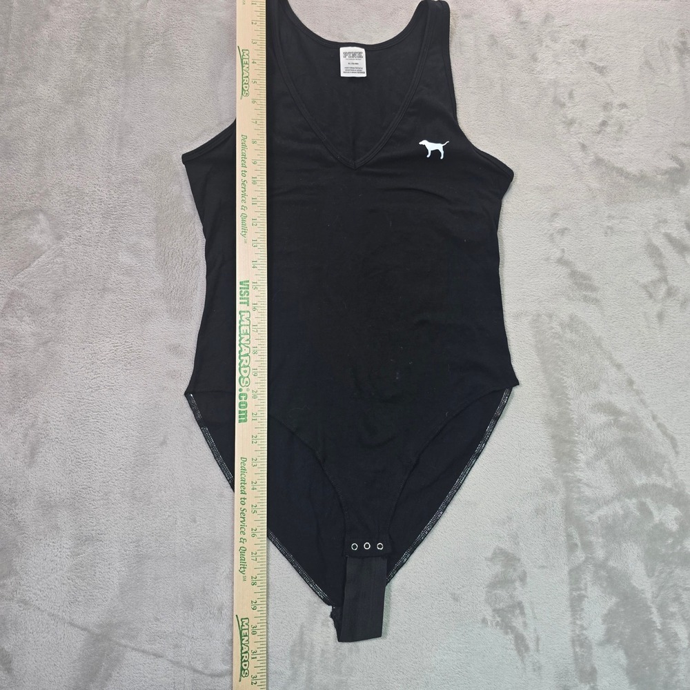Pink Victoria's Secret Black V-Neck Sleeveless Bodysuit Dog Logo Medium
